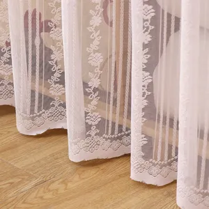Close-up view of elegant white lace dust curtain with delicate floral patterns and stripes.