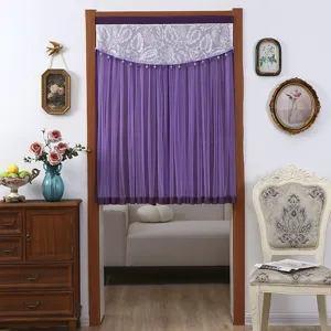 Purple Pleated Door Curtain with Lace Valance and Beaded Fringe for Bedroom Privacy Home Decor