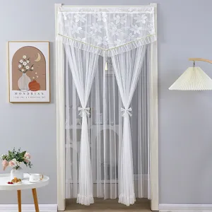 White lace door curtain with floral embroidery, elegant sheer curtain for home room decoration.