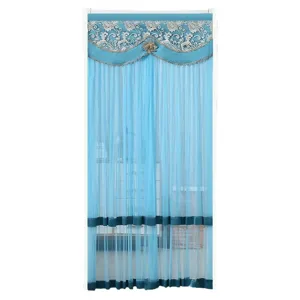 European style blue mesh door curtain with lace valance, hook and loop, mosquito net.