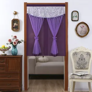 Purple door curtain with lace valance sheer overlay for bedroom privacy and room partition.