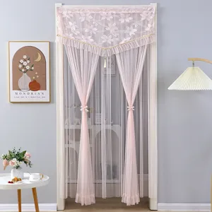 Pink lace door curtain detail, floral embroidered partition curtain for home decor and privacy.