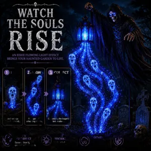 Detailed view of the Halloween Soul Harvester Reaper light with blue flowing fiber effects.