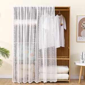 White lace dust curtain for wardrobe shelf cupboard cabinet, floral embroidered mesh fabric.