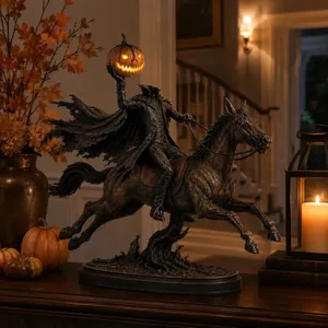 Detailed Headless Horseman figurine with glowing pumpkin head for creepy Halloween decor