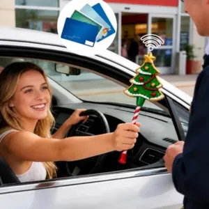 Weihnachtsbaum-Zauberstab, der von einer Fahrerin im Auto kontaktlos benutzt wird