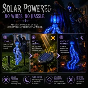 Detail view of solar Halloween Soul Harvester garden light with easy installation steps.