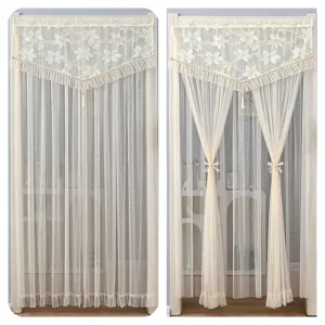 Lace Door Curtain Double Layer Mesh Floral Embroidered Ruffle Tassel Anti-Mosquito Room Divider Home Decor