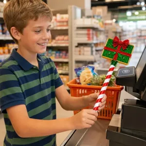 Kleiner Junge hält ein Weihnachtszauberstab-Spielzeug in einem Supermarkt-Ambiente