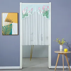Tulip print fabric half door curtain, white sheer mesh design, perfect home bedroom decor.