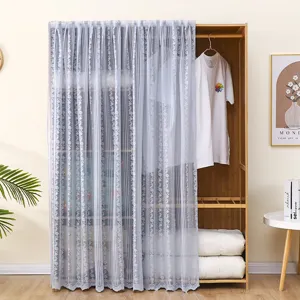 Grey lace dust-proof curtain for wardrobe, cabinet, and bookshelf organization.