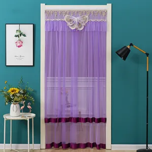 Purple lace door curtain detail scene featuring elegant butterfly embroidery and mesh gauze.
