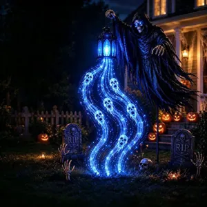 Detailed view of the Soul Harvester Halloween garden light with blue LED glowing ghosts