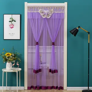 Purple lace door curtain with butterfly embroidery, elegant dual panels for summer home decor.