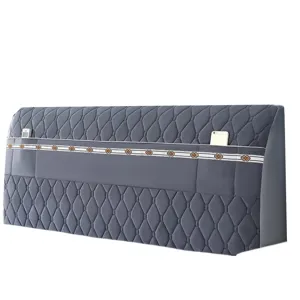 Thickened quilted bed headboard cover dark grey dustproof protector with storage pockets.