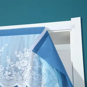 Detail view of blue door curtain with white lace and Velcro hanging design, privacy screen.
