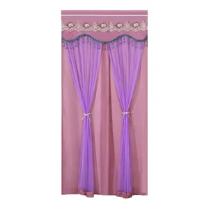 Double layer door curtain with purple sheer overlay, lace floral trim and bead tassels main view.