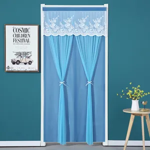 Blue door curtain with white lace valance, lightweight hanging curtain for bedroom privacy.