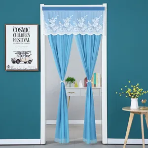 Blue door curtain with white lace floral trim, privacy hanging curtain for bedroom room decor.