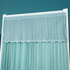 Details of the teal lace door curtain featuring vertical stripes and elegant floral embroidery.