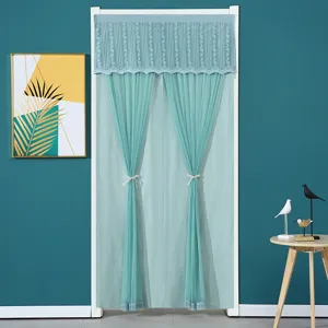 Teal lace door curtain with sheer gauze panel, elegant room divider for bedroom living space.