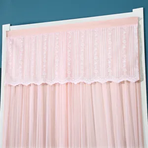 Pink lace door curtain detail featuring delicate floral embroidery and elegant striped sheer design.