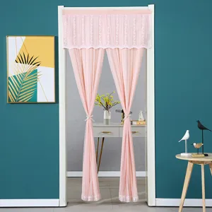 Pink lace door curtain for bedroom privacy, elegant hanging curtain with floral lace header.