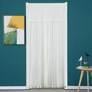 White lace door curtain with delicate floral patterns and vertical stripes for bedroom decor.