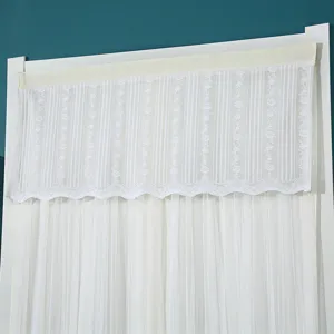 White lace door curtain valance with floral stripe design, breathable home decor.