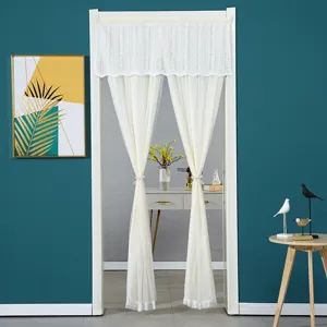 White lace door curtain detail view, sheer partition curtain fine home fabric showcase
