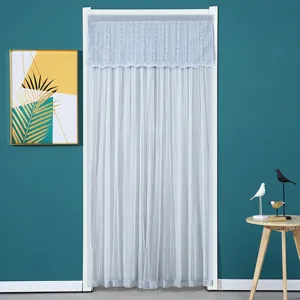 Scene detail of blue sheer door curtain featuring elegant lace valance and neat pleated fabric.