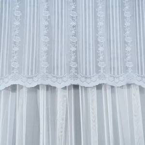 Exquisite lace trim door curtain detail, vertical stripes mesh fabric privacy screen.