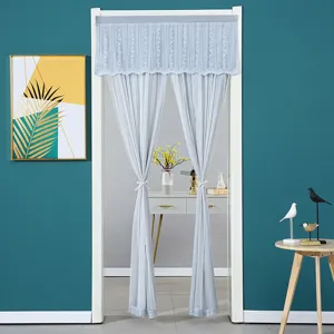 Light blue lace door curtain, sheer partition curtain for bedroom home decor and privacy.
