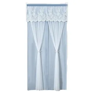 Punch-free door curtain with elegant white lace valance and sheer layers for bedroom privacy.
