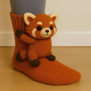 Detaillierte Ansicht einer süßen 3D-Häkel-Rotpanda-Figur an einer warmen Socke