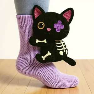 Detailaufnahme von 3D-Tierstricksocken mit einem niedlichen schwarzen Skelett-Katzen-Design