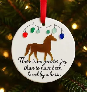 Keramik Pferde-Ornament mit Seeglas und Spruch für Weihnachtsbaumdekoration