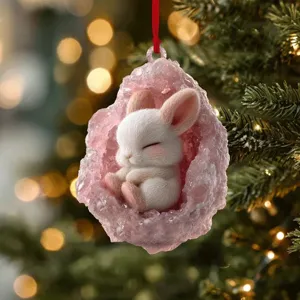 Süßer schlafender Hase in rosa Geoden-Kristall Weihnachtsbaumschmuck Dekoration