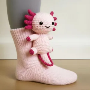 Niedliche rosa 3D-Stricksocken mit handgefertigter gehäkelter Axolotl-Tierpuppe