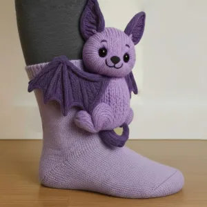 Niedliche handgefertigte 3D-Stricksocken mit dekorativem lila Fledermaus-Plüschtier.