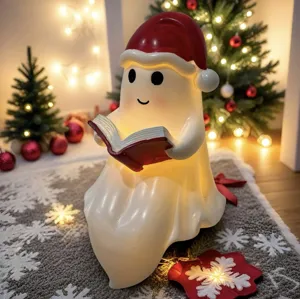 Luce Notturna Fantasma Leggente con Cappello di Babbo Natale Statuetta in Resina da Tavolo Decorazione per Natale Halloween