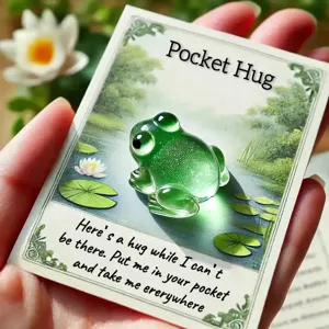 Handmade translucent green glass frog figurine with emotional Pocket Hug gift card set