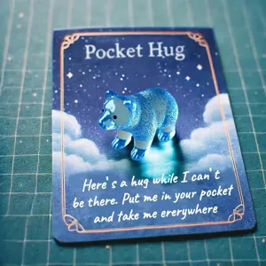 A small blue crystal pocket hug bear figurine placed on a starry sentimental greeting card