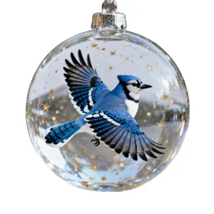 Clear crystal glass Christmas ornament with realistic flying blue jay and gold stars
