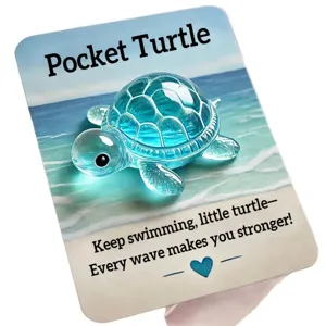 Pocket hug glass turtle figurine with inspirational ocean theme sentiment card.