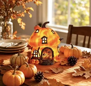 Detailansicht eines leuchtenden Kürbishaus-Lampenornaments für die Halloween-Deko.