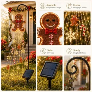 Detailed view of gingerbread man solar pathway light featuring festive charms and hook