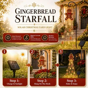 Detailed guide for Gingerbread Man Solar Yard Light showing solar charging and hanging setup