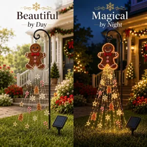 Gingerbread man solar pathway light shown in day and night comparison for garden decor