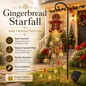 Gingerbread Man solar starfall garden light with warm LED waterfall display and stars